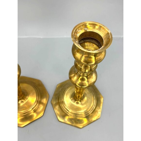 Vintage Brass Candlesticks Octagonal Base 9.5"H - Picture 2 of 5